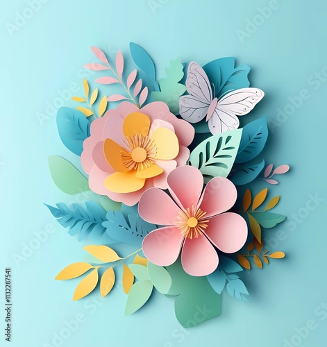 Obraz na płótnie 3D paper-cut spring flowers bouquet, flat lay, top view. Colorful, cartoon-style, simple background, flat illustration, flat design. w salonie