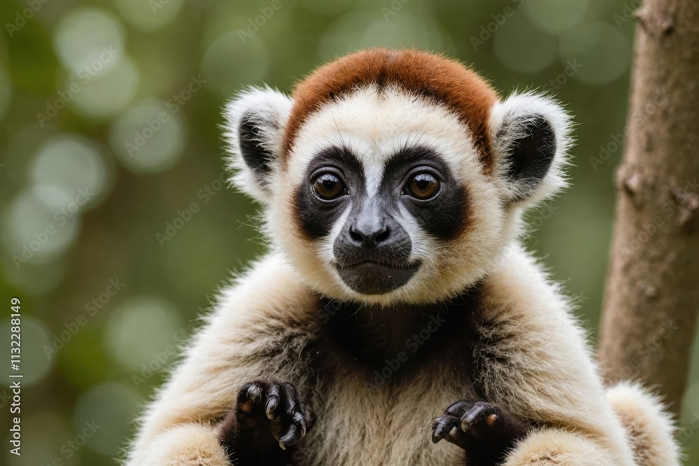 Obraz premium Close view of Sifaka cub against natural environment blurred background.