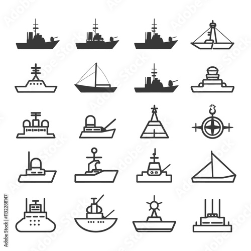 A Collection Of 16 Line Drawings Depicting Various Types Of Ships