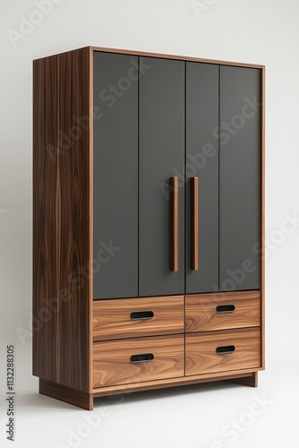 Modern walnut wood and dark gray four-door wardrobe with four drawers. photo