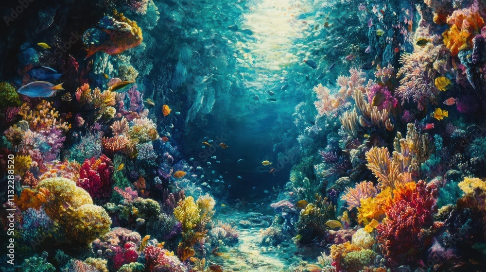 Fototapeta premium Vibrant Coral Reef Scene With Diverse Fish Species