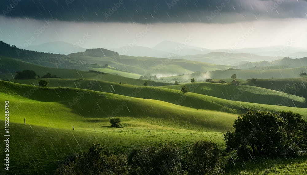 Fototapeta premium Rain-washed Green Hills, Dramatic Sky, Pastoral Landscape