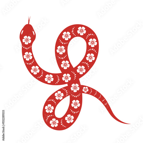 Red twisted snake with floral ornament. Hand drawn vector illustration in asian style.