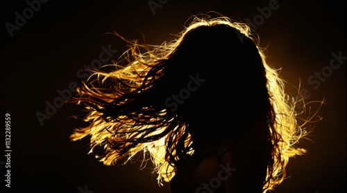 Backlit silhouette of a woman with flowing hair