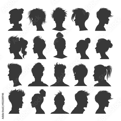 A Collection Of 24 Diverse Hairstyle Silhouettes In Profile
