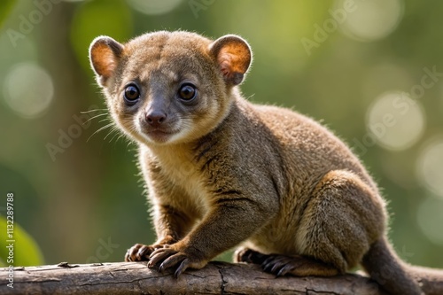 Close view of Kinkajou cub against natural environment blurred background. photo