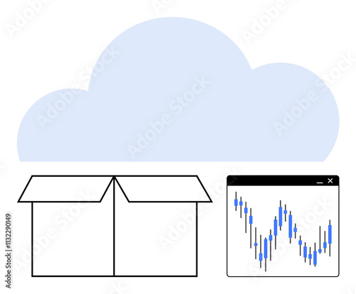 Open box symbolizing storage below a cloud with a fluctuating financial chart window. Ideal for cloud storage, data analysis, technology, finance, investments, digital transformation, innovation