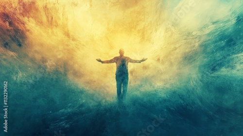 Wallpaper Mural Silhouette figure, arms outstretched, ethereal colorful background. Torontodigital.ca