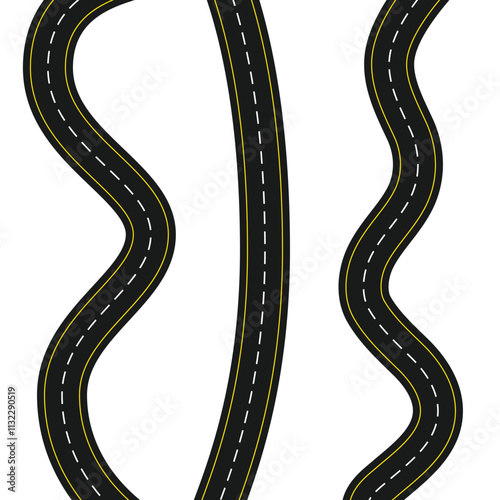 Three different vertical seamless roads on white background. asphalt road top view. highway infographic templates. winding roadway for car with yellow, white stripe line