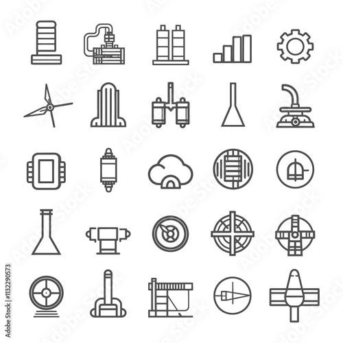 A Collection Of 25 Line Icons Representing Various Industrial And Technological Concepts