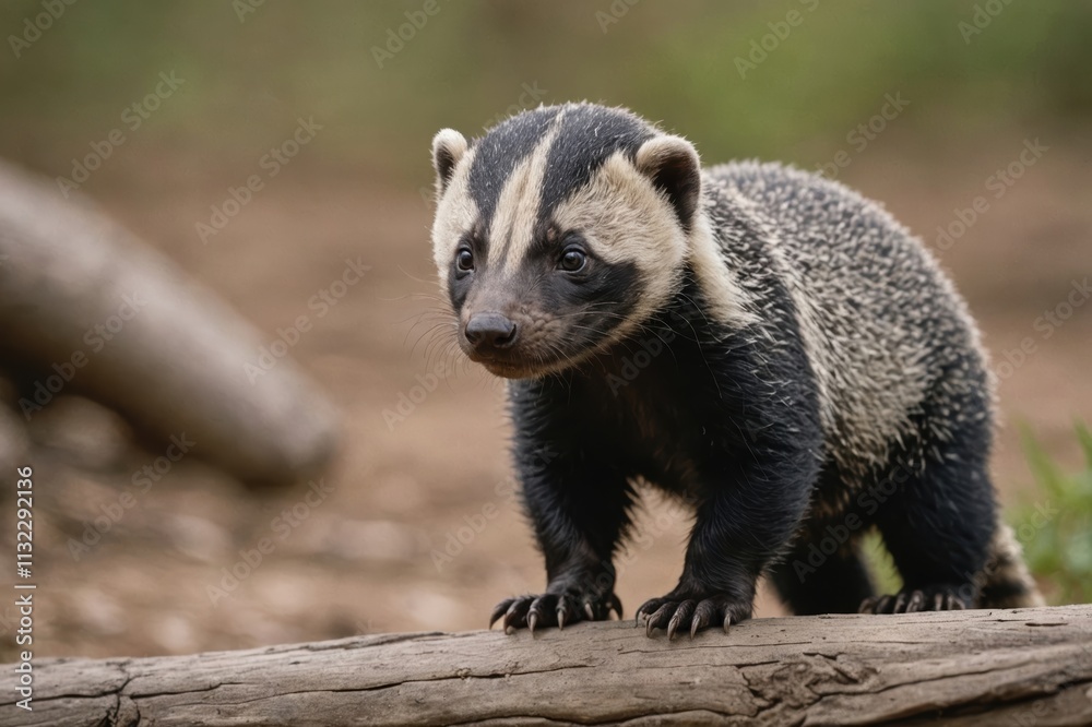 Fototapeta premium Close view of Honey Badger cub against natural environment blurred background.
