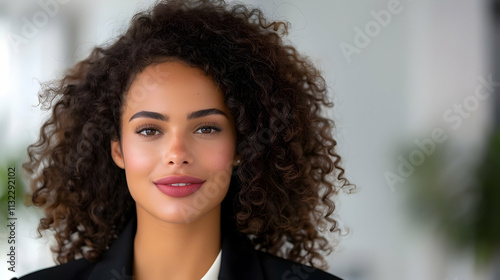 Ultra-sharp image of a confident businesswoman with vitiligo, modern office backdrop photo