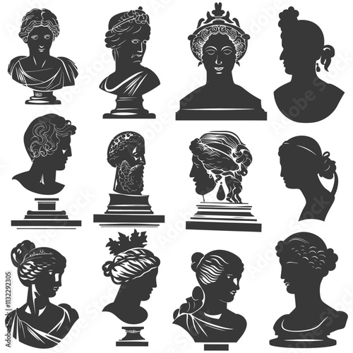 A Collection Of Black And White Bust Sculptures In Profile