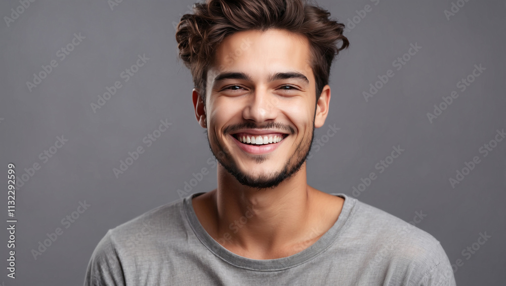 Fototapeta premium Young Man with Beautiful Smile on Grey Background