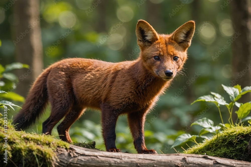 Fototapeta premium Close view of Ussuri Dhole cub against natural environment blurred background.