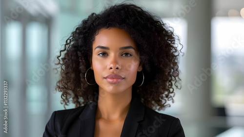 Ultra-sharp image of a confident businesswoman with vitiligo, modern office backdrop photo