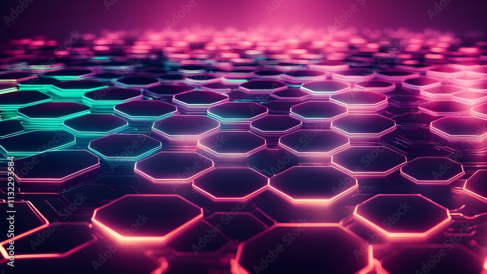 Fototapeta premium A vibrant, futuristic hexagonal pattern with glowing edges, creating a digital landscape.