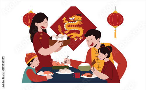 A Family Eating Together on Chinese New Year. Chinese New Year Illustration.