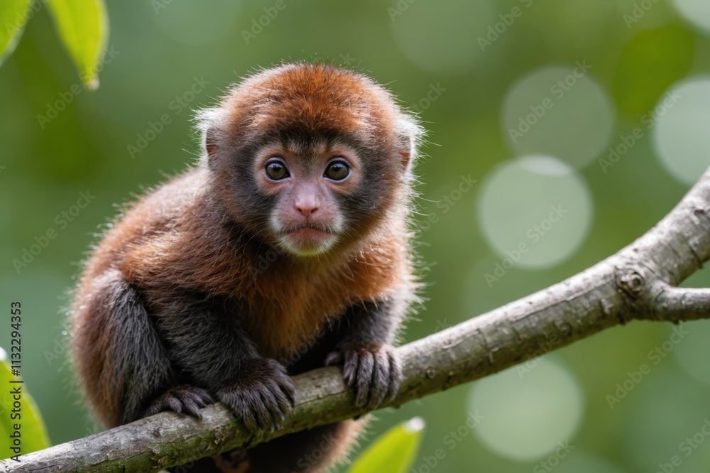 Fototapeta premium Close view of Red-Bellied Titi Monkey cub against natural environment blurred background.