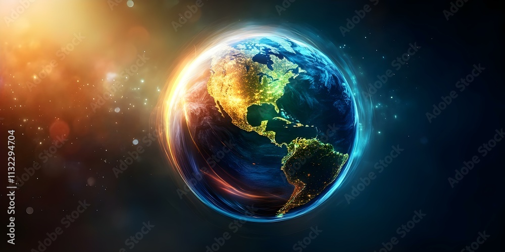 Obraz premium A digital rendering of Earth with vibrant colors highlighting North and South America, depicting lights from cities and natural beauty. Concept Digital Earth Rendering, Vibrant Colors