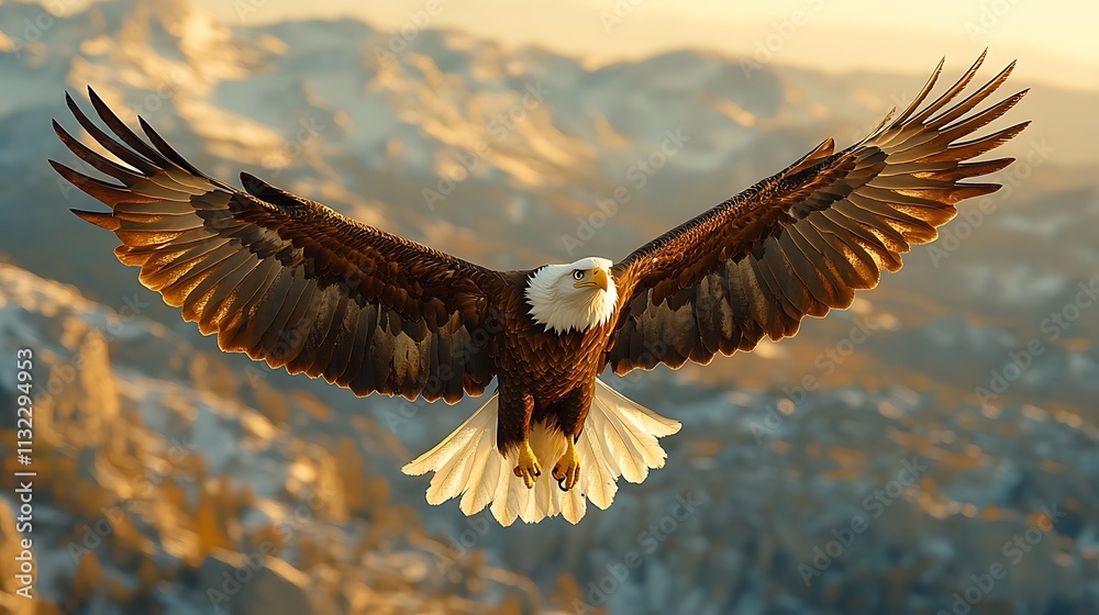 Fototapeta premium Bald eagle soars over mountainous landscape nature photography sunrise