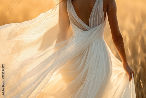 Elegant white tulle dress is perfect for creating delicate and dreamy designs. White dress on a dark-skinned model in a wheat field. Generated by artificial intelligence
