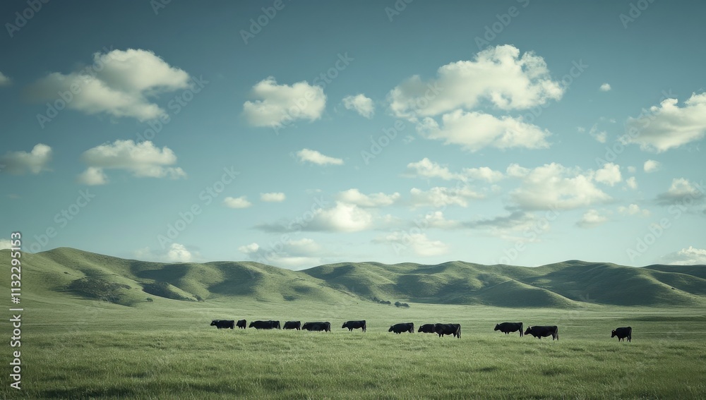 Obraz premium A Serene Pastoral Landscape with Cattle Grazing in the Expansive Green Meadow Under a Clear Blue Sky with Whimsical Clouds and Gentle Rolling Hills in the Background