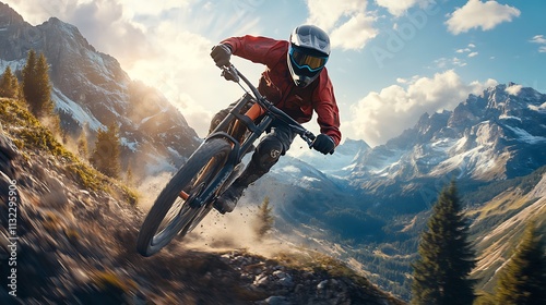 Mountain biker racing through scenic alps action shot nature photo