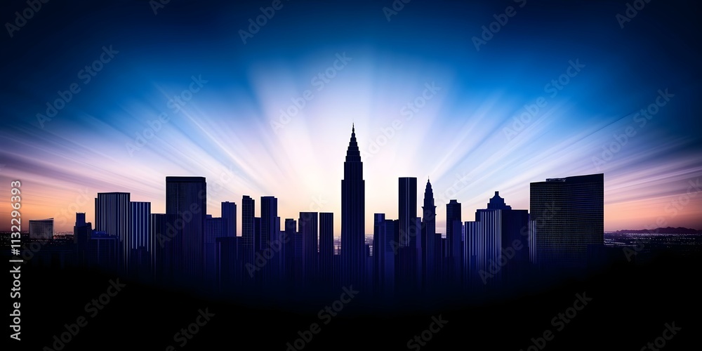 Obraz premium A city skyline silhouette during sunset, featuring tall buildings against a colorful gradient sky with rays of light. Concept City Skyline, Sunset Silhouette, Colorful Gradient Sky, Urban Landscape