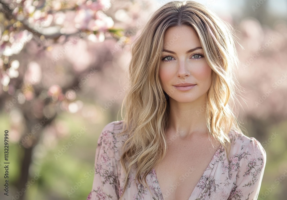 Naklejka premium Beautiful Young Woman Posing in a Serene Cherry Blossom Garden with Soft Natural Lighting and Gentle Breeze, Emphasizing Nature's Grace and Springtime Elegance