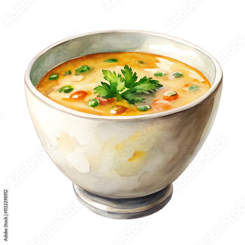 watercolor illustration of soup in white bowl isolated on transparent background