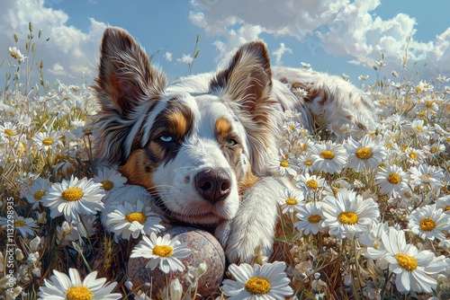 A playful dog lies comfortably amidst a field of vibrant daisies, loosening up while keeping a ball close. The sun shines down on this serene moment filled with joy photo