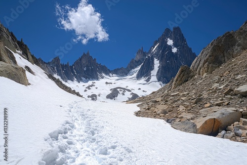 Tour du Montblanc beautiful mountain ladscapes of the Alps green valley, snow summit of Montblanc and rocky peaks of Aiguille du Midi in summer sunny weather blue sky, trekking and hiking in Chamonix  photo