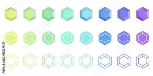 六角形のダイヤモンドのイラストセット　鉱物・宝石のベクター素材　挿絵　背景イラスト