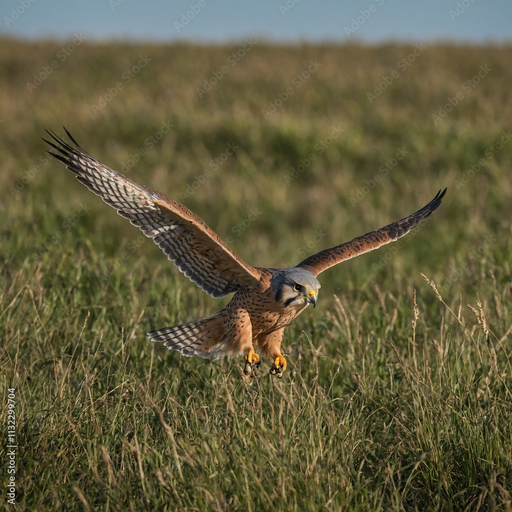 Obraz premium A kestrel hovering above a grassy plain.