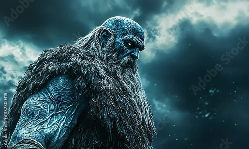 A chilling frost giant with icy blue skin standing with thunder in the background