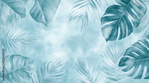 Teal Tropical Leaves Frame Background Design