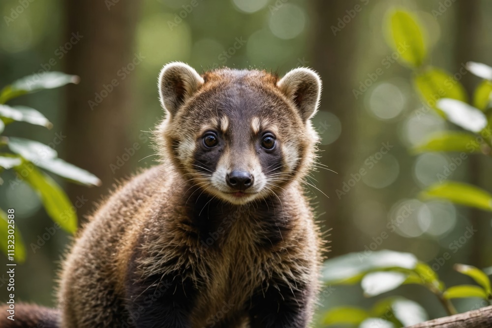 Fototapeta premium Close view of Coati cub against natural environment blurred background.