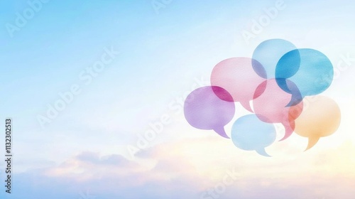 Multicultural or Global Teams Colorful speech bubbles with different languages emerging from a group of silhouettes, symbolizing multilingual communication and cross cultural understanding in a