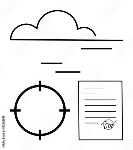 Cloud icon above lines, crosshair circle, signed document. Ideal for cloud storage, data security, e-signature, document management, precision tech contract processing. Line metaphor