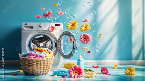 Open door of a washing machine with flower petals and soap bubbles flying out against the blue bathroom background. Laundry, washing and chores concept. Interior shot for poster, advertising, design  photo