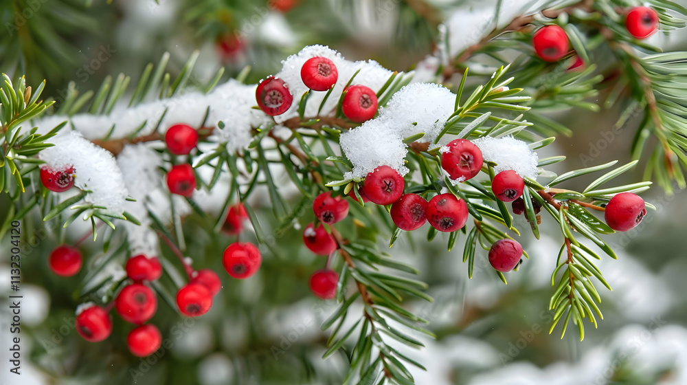 Obraz premium Winter Berries on Snowy Branches: A Realistic Image