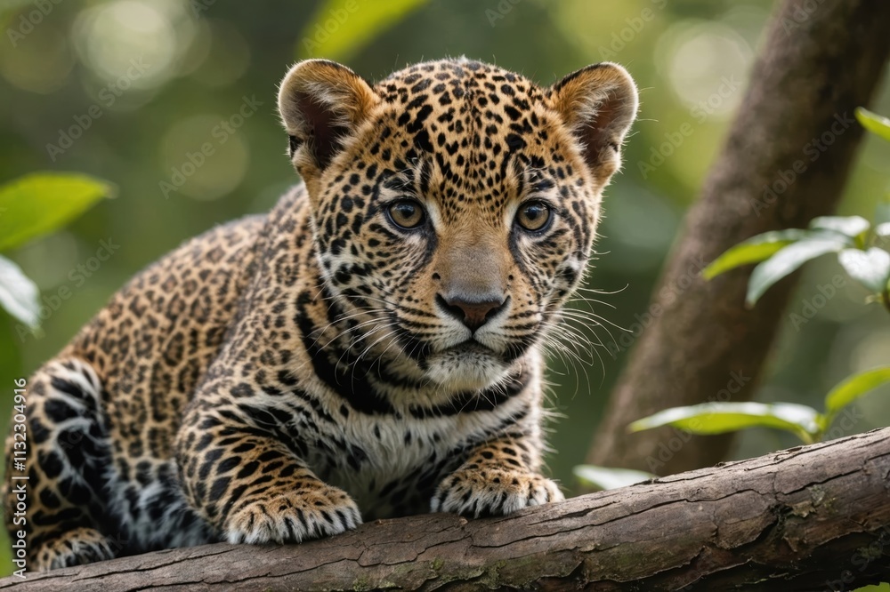 Obraz premium Close view of Jaguar cub against natural environment blurred background.
