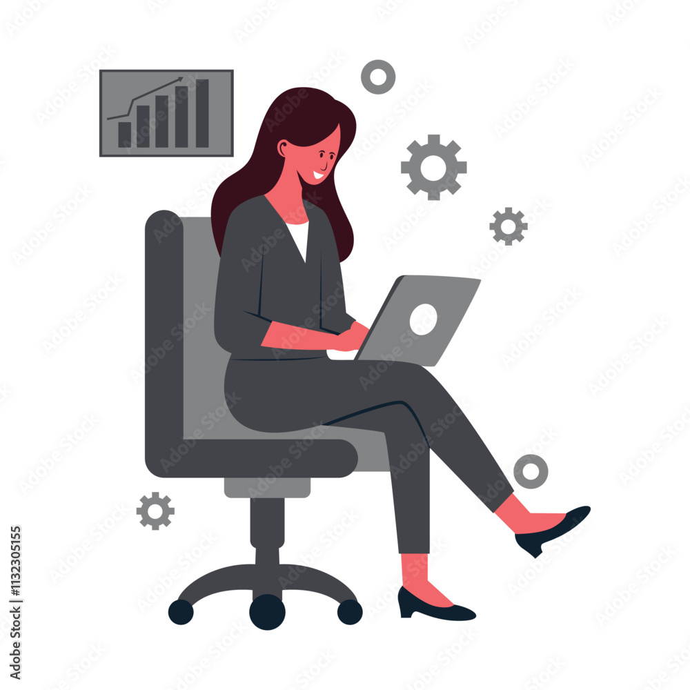 Illustration of Businesswoman Working on Laptop Illustration of Businesswoman Working on Laptop