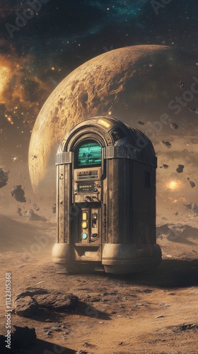 Otherworldly Retro Jukebox on a Dusty Alien Planet - A Futuristic Space Exploration