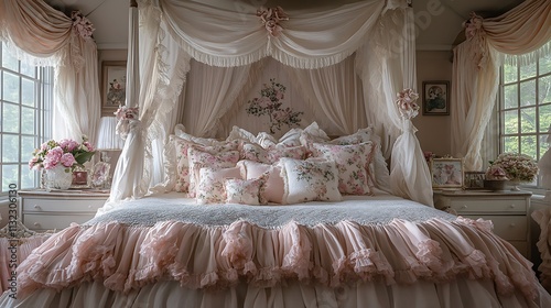 A picturesque bedroom with pastel pink and cream ruffled bedding, a canopy bed draped with floral-patterned fabric, and cozy pillows arranged with care. --ar 16:9