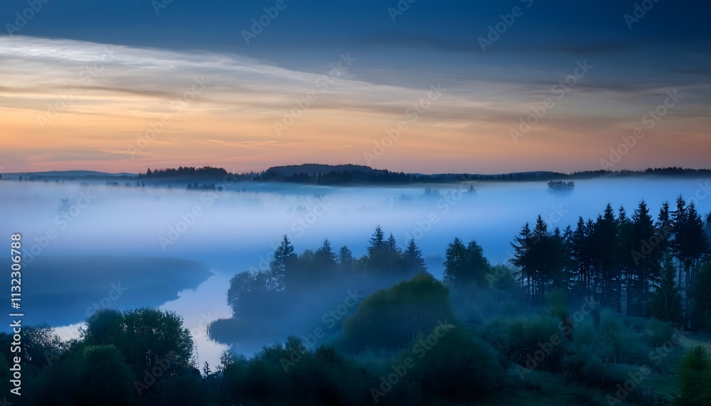 Fototapeta premium Mystical fog gently rolling over a serene twilight scene