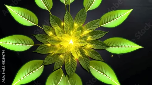 Symmetrical green leaves with glowing center on dark background