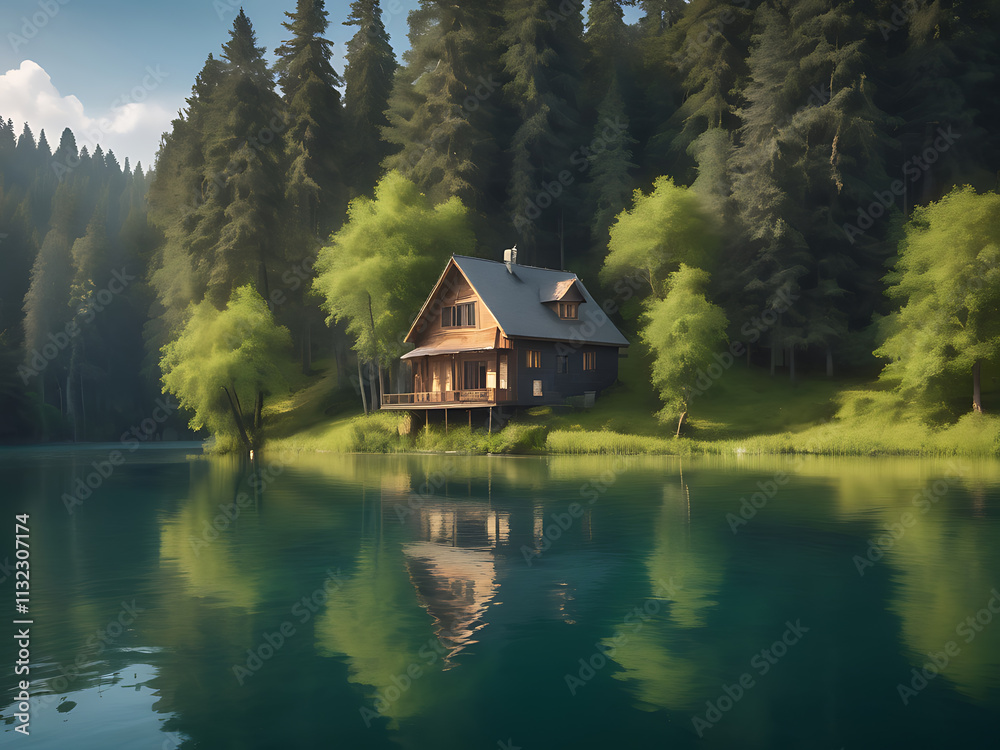 Fototapeta premium A house in the middle of a lake surrounded by trees