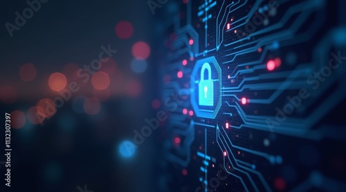 Glowing blue padlock with red circuit paths on dark background representing digital security concept